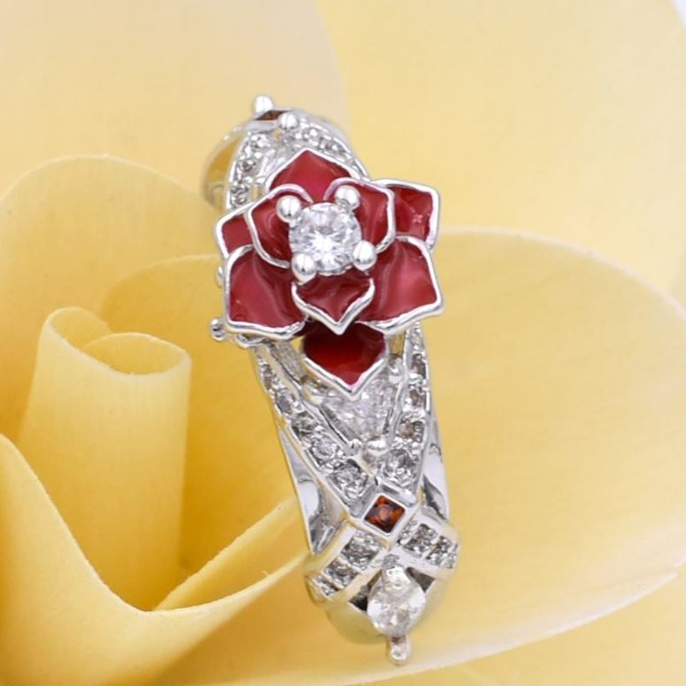 Floral 2-Tone Promise Rose Ring-White & Red Zircon